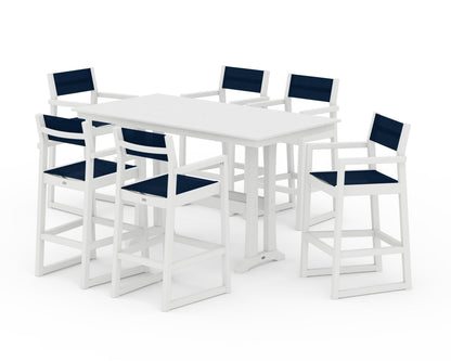 POLYWOOD® EDGE Sling Arm Chair 7-Piece Farmhouse Bar Set with Trestle Legs in White / Navy Blue Sling