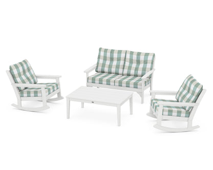 POLYWOOD® Vineyard 4-Piece Deep Seating Rocking Chair Set in White / Buffalo Plaid Glacier Spa