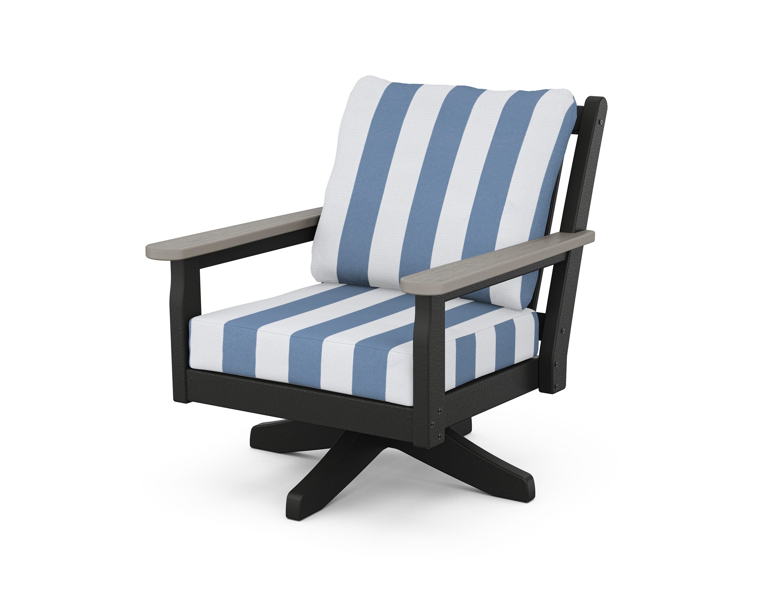 POLYWOOD® Chippendale Deep Seating Swivel Chair in Black / Driftwood / Cabana Stripe Sky Blue