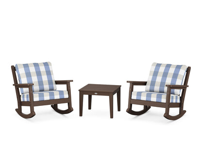POLYWOOD® Chippendale 3-Piece Deep Seating Rocker Set in Mahogany / Buffalo Plaid Sky Blue