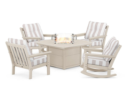 POLYWOOD® Vineyard 5-Piece Deep Seating Rocking Chair Conversation Set with Fire Pit Table in Sand / Cabana Stripe Dune Burlap