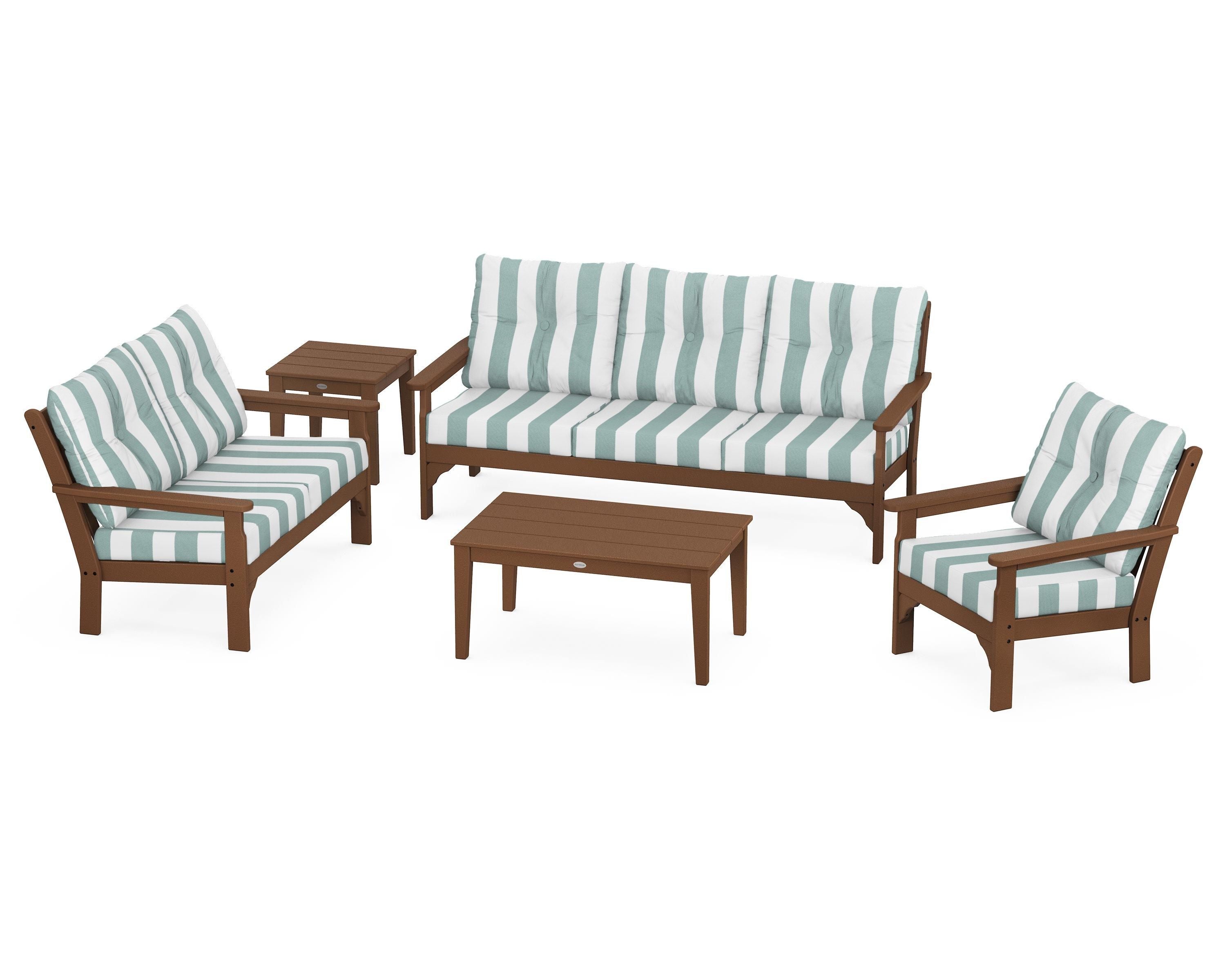 POLYWOOD® Vineyard 5 Piece Deep Seating Set in Teak / Cabana Stripe Glacier Spa