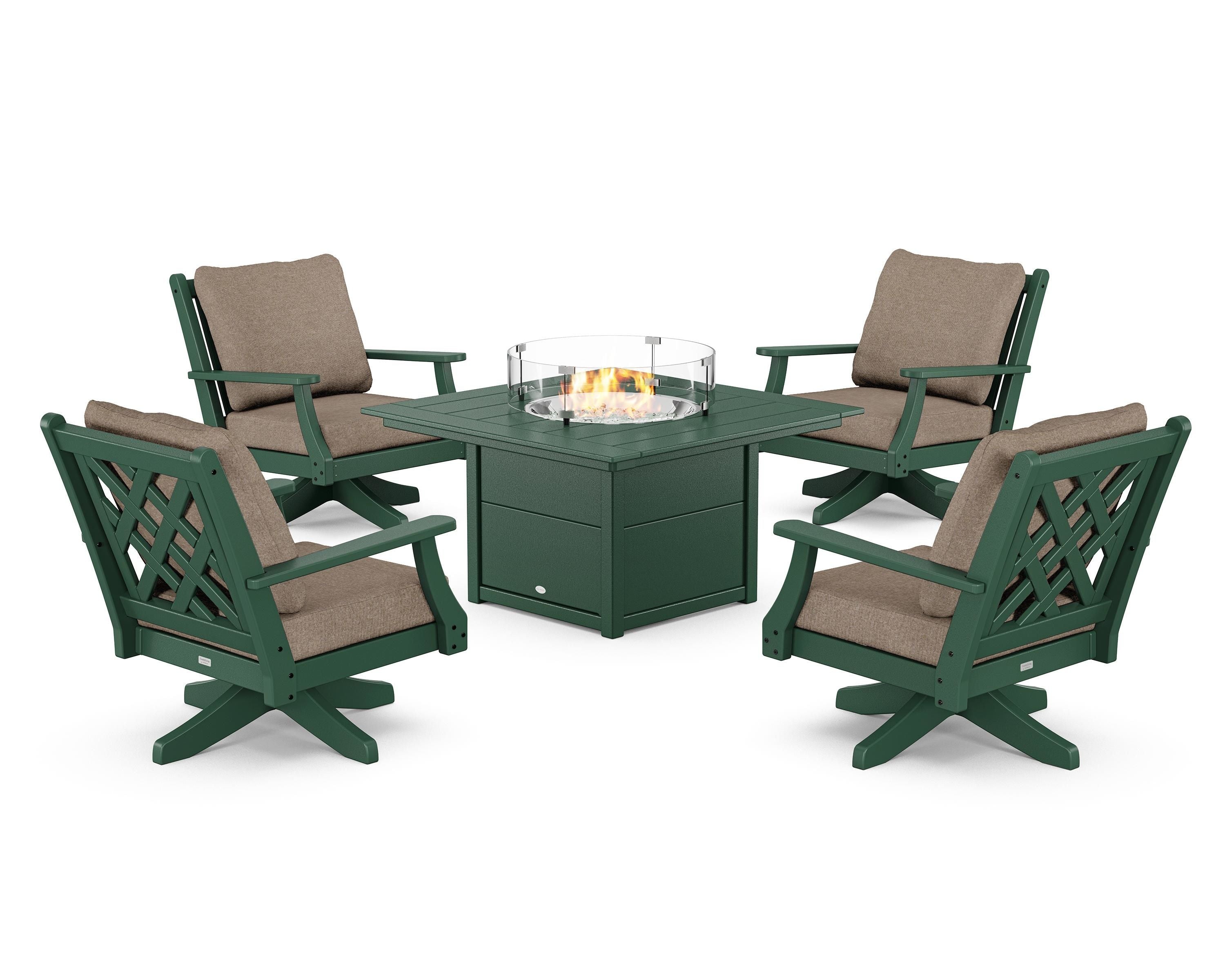Country Living Wovendale 5-Piece Deep Seating Swivel Conversation Set with Fire Pit Table in Green / Spiced Burlap
