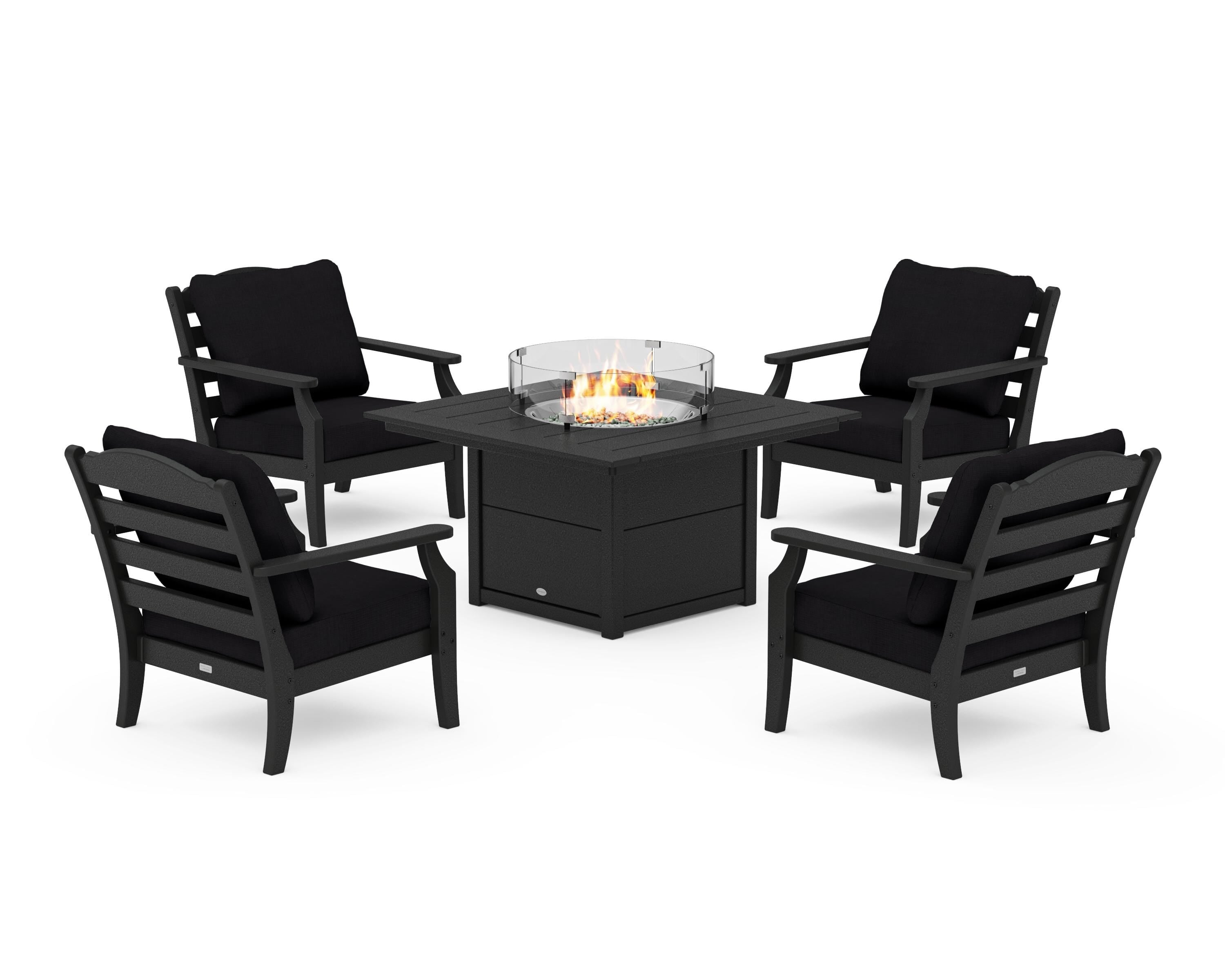 Draper James™ by  POLYWOOD® Savannah 5-Piece Deep Seating Set with Fire Pit Table in Black / Midnight Linen