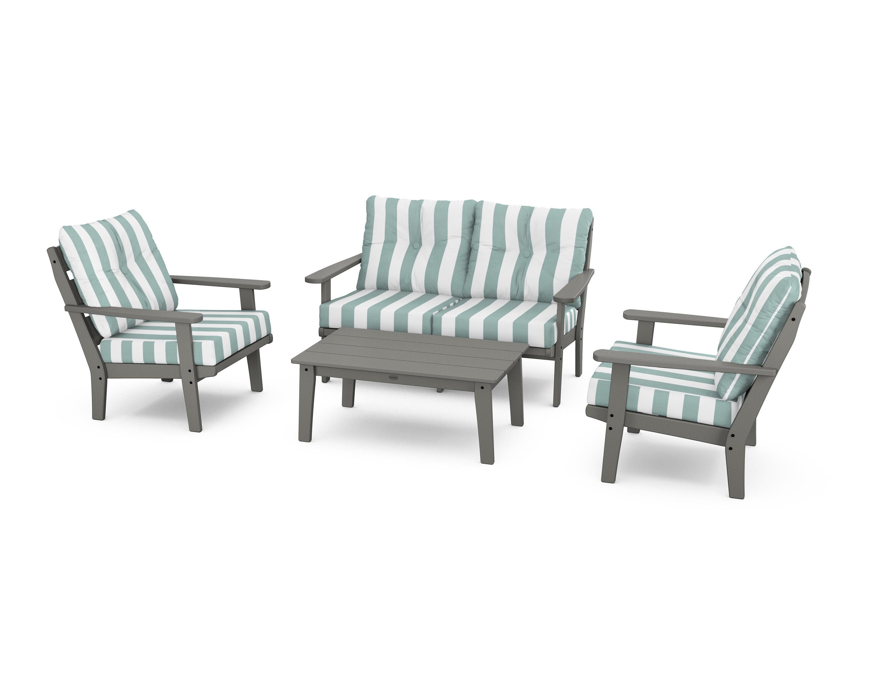 POLYWOOD® Lakeside 4-Piece Deep Seating Set in Slate Grey / Cabana Stripe Glacier Spa