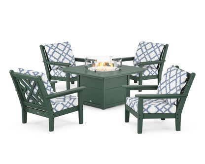 POLYWOOD® Chippendale 5-Piece Deep Seating Set with Fire Pit Table in Green / Trellis Sky Blue