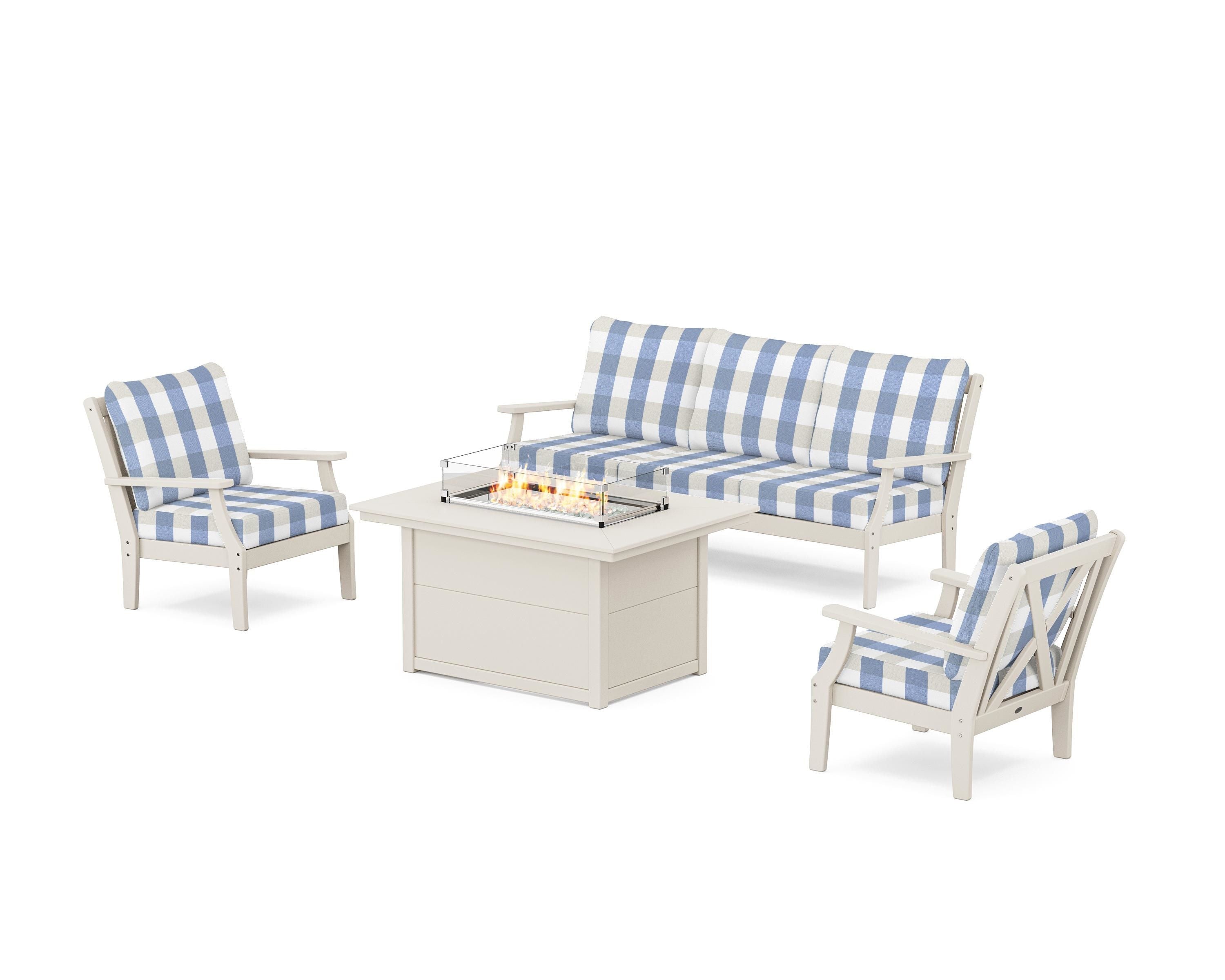 POLYWOOD® Braxton Deep Seating Fire Pit Table Set in Sand / Buffalo Plaid Sky Blue