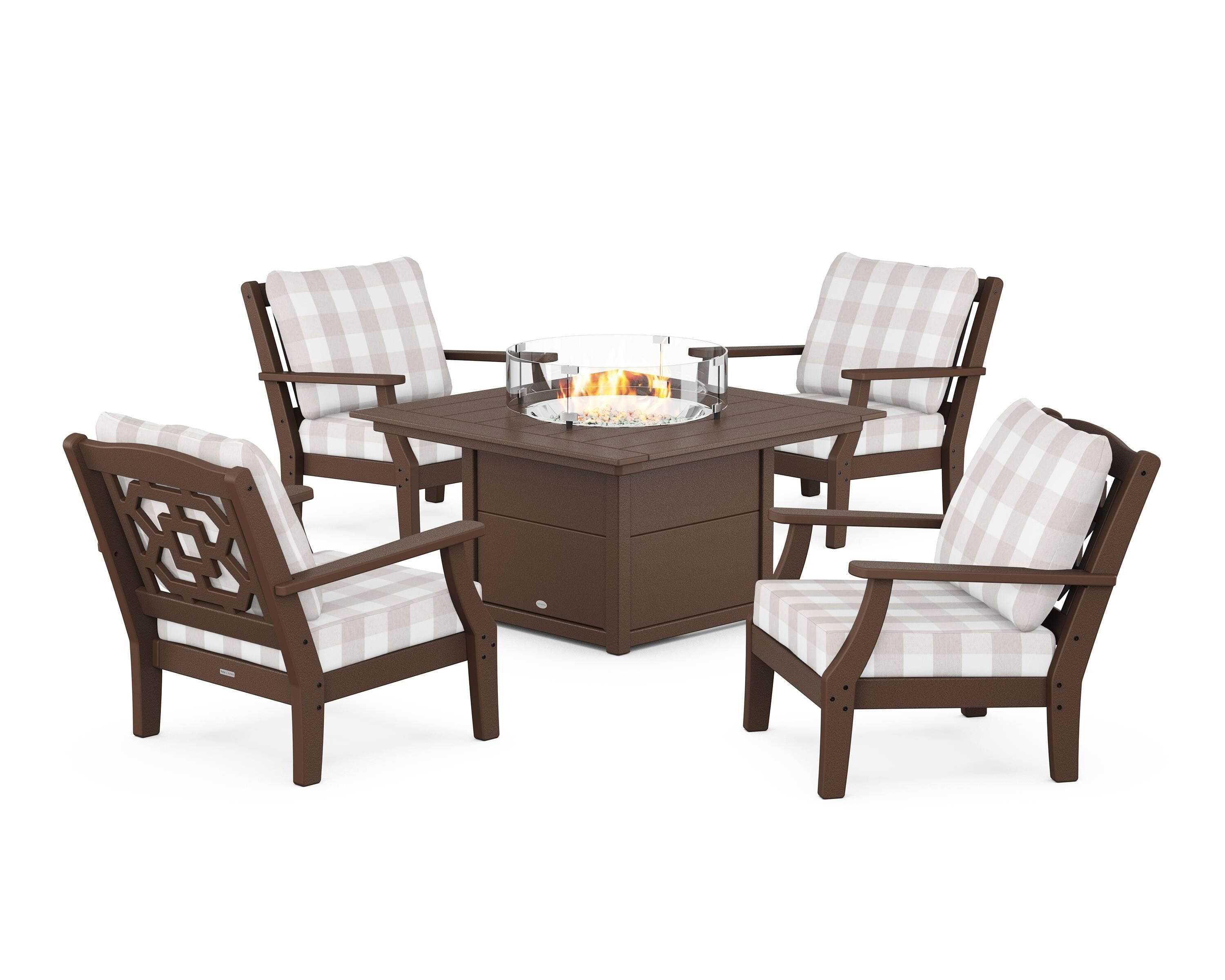Martha Stewart by POLYWOOD® Chinoiserie 5-Piece Deep Seating Set with Fire Pit Table in Mahogany / Buffalo Plaid Dune Burlap
