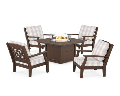 Martha Stewart by POLYWOOD® Chinoiserie 5-Piece Deep Seating Set with Fire Pit Table in Mahogany / Buffalo Plaid Dune Burlap