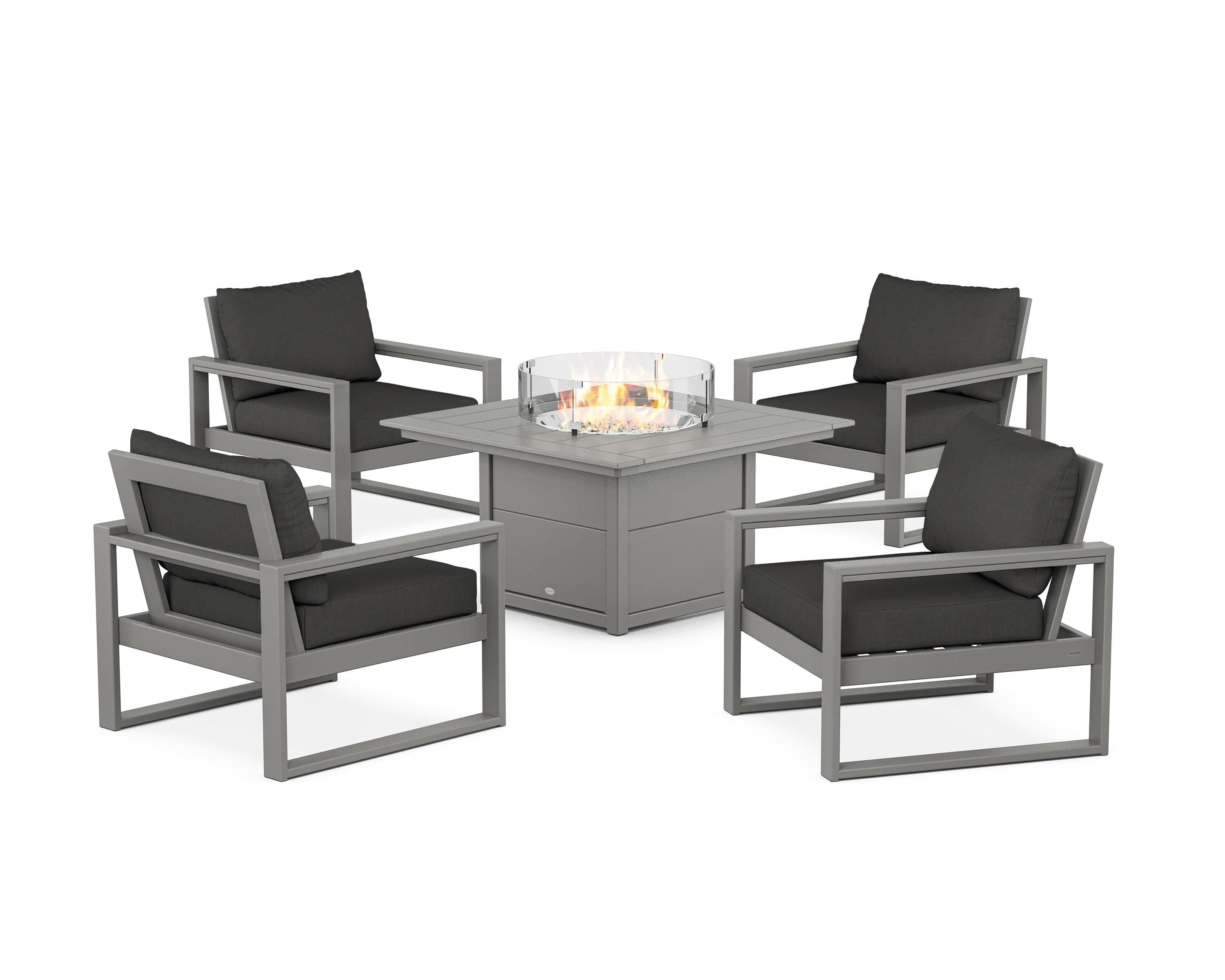 POLYWOOD® EDGE Sectional 5-Piece Deep Seating Set with Fire Pit Table in Slate Grey / Spectrum Carbon