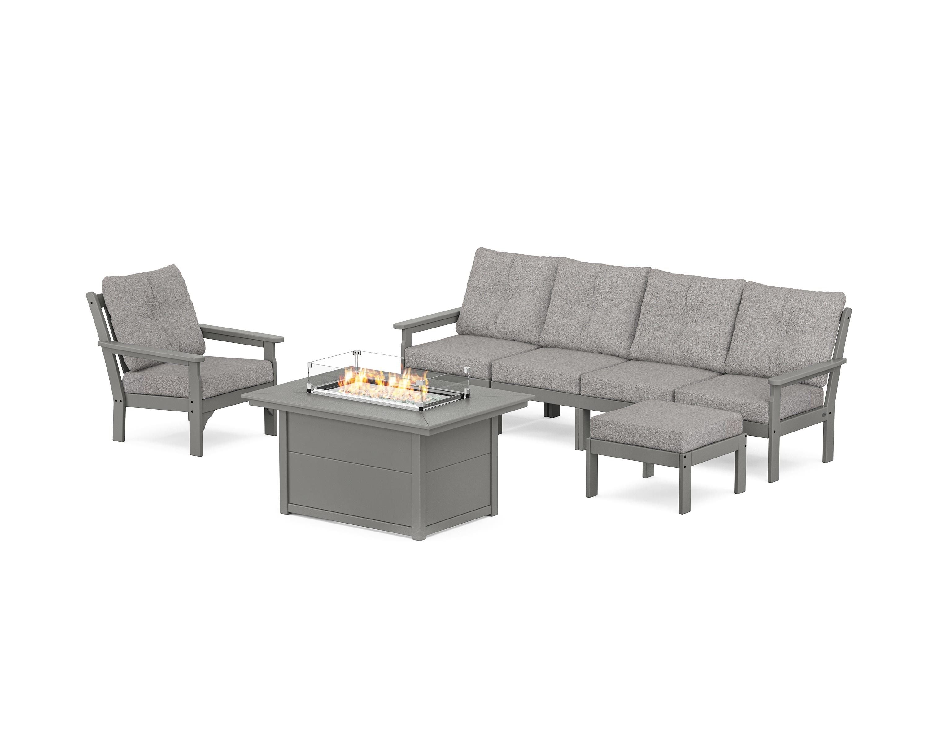 POLYWOOD® Vineyard Sectional Lounge and Fire Pit Set in Slate Grey / Grey Mist