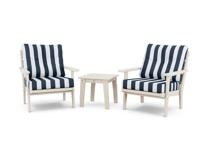 POLYWOOD® Lakeside 3-Piece Deep Seating Chair Set in Sand / Cabana Stripe Marine Indigo