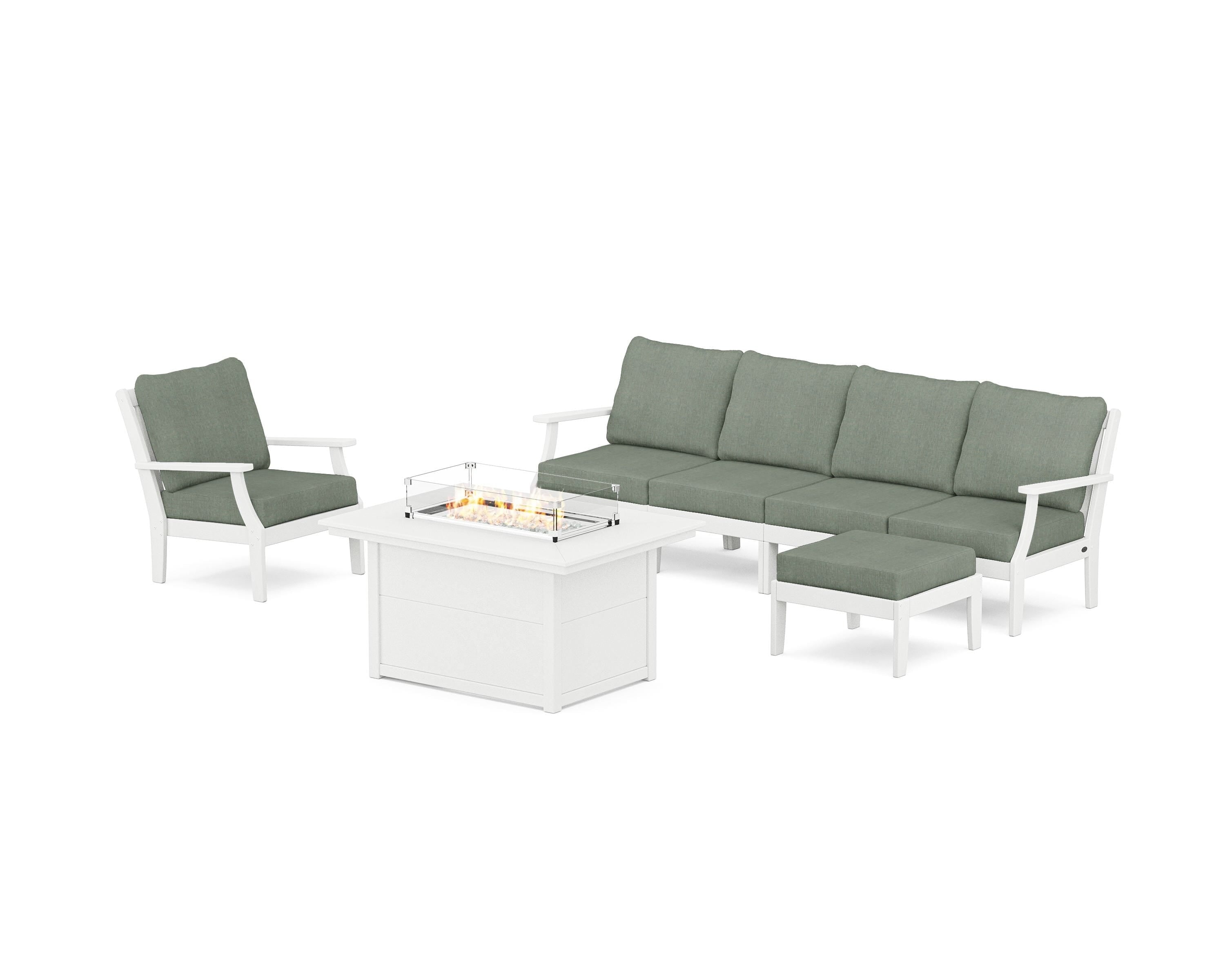 POLYWOOD® Braxton Sectional Lounge and Fire Pit Set in Vintage White / Cast Sage