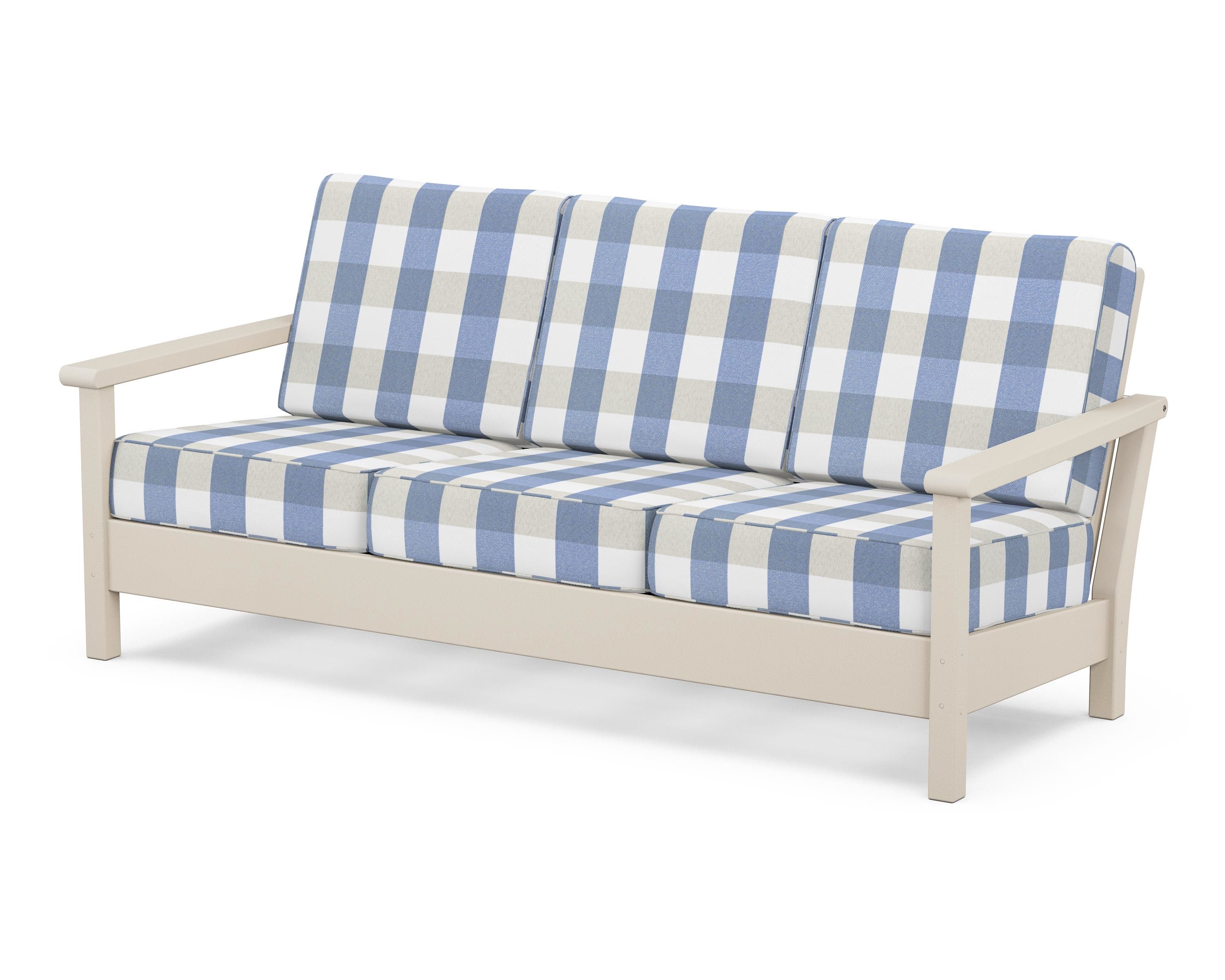POLYWOOD® Harbour Deep Seating Sofa in Sand / Buffalo Plaid Sky Blue