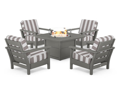 POLYWOOD® Harbour 5-Piece Conversation Set with Fire Pit Table in Slate Grey / Cabana Stripe Grey Mist