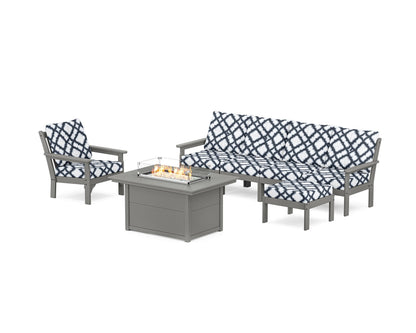 POLYWOOD® Vineyard Sectional Lounge and Fire Pit Set in Slate Grey / Trellis Marine Indigo