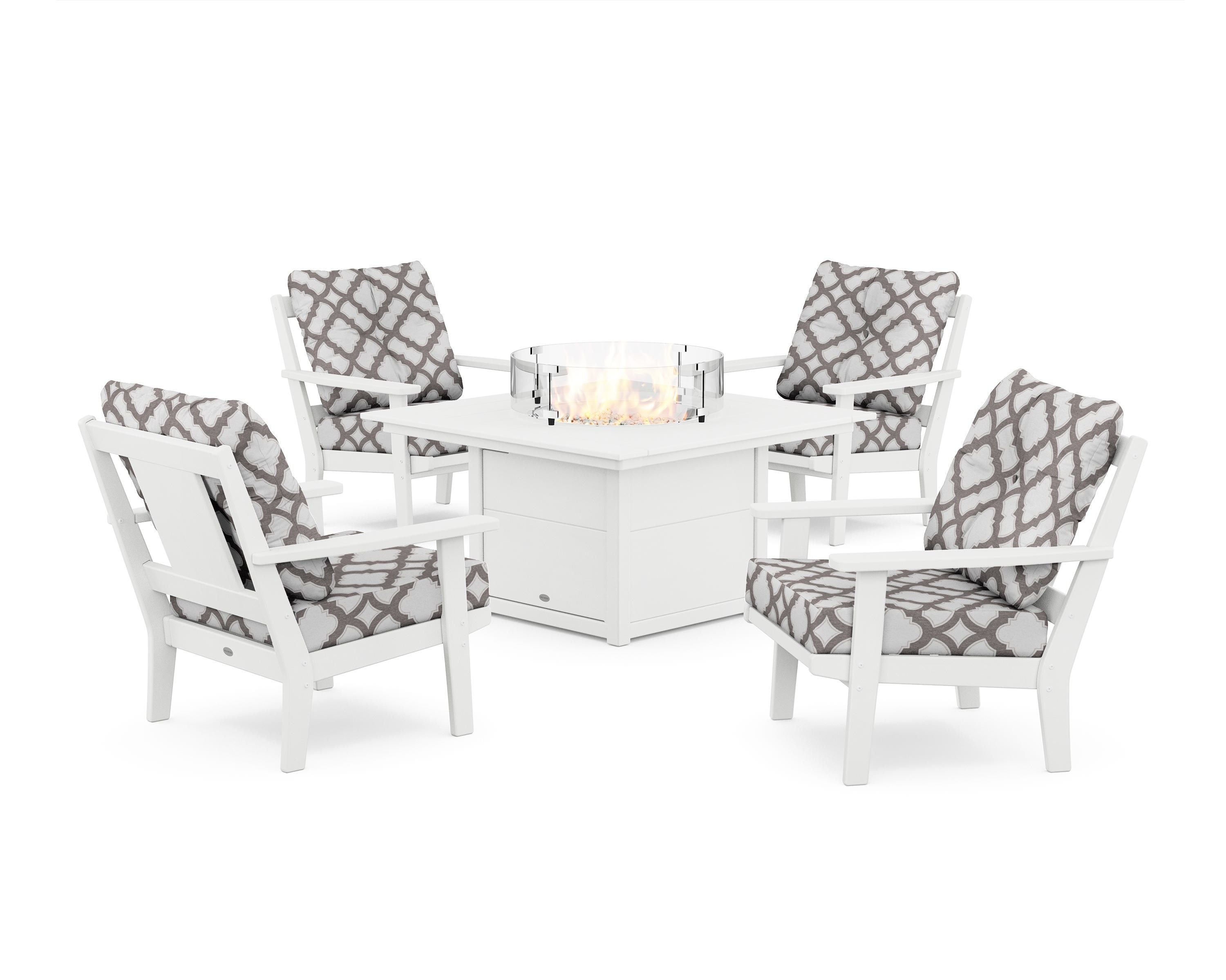 POLYWOOD® Prairie 5-Piece Deep Seating Set with Fire Pit Table in White / Trellis Grey Mist