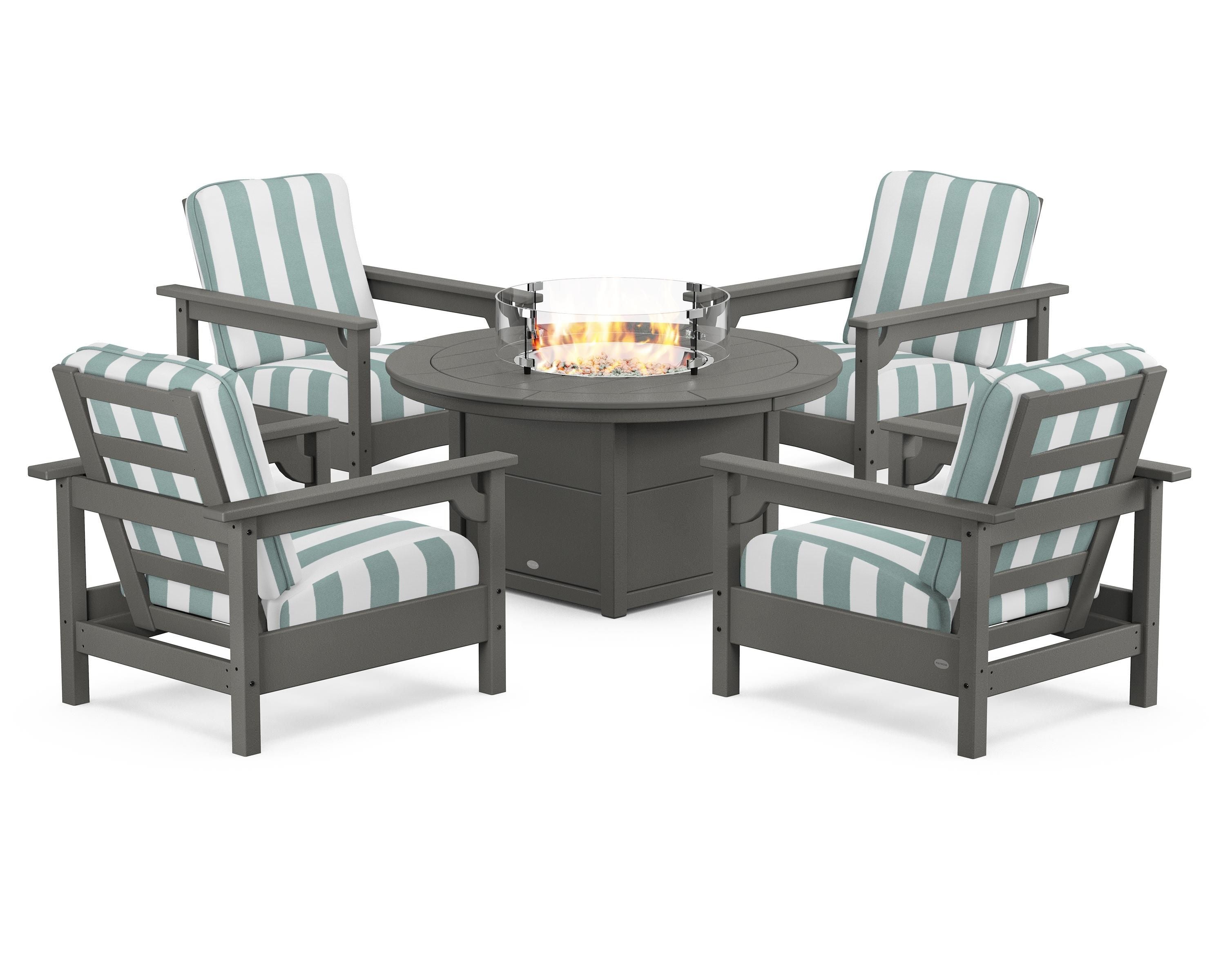 POLYWOOD® Club 5-Piece Conversation Set with Fire Pit Table in Slate Grey / Cabana Stripe Glacier Spa