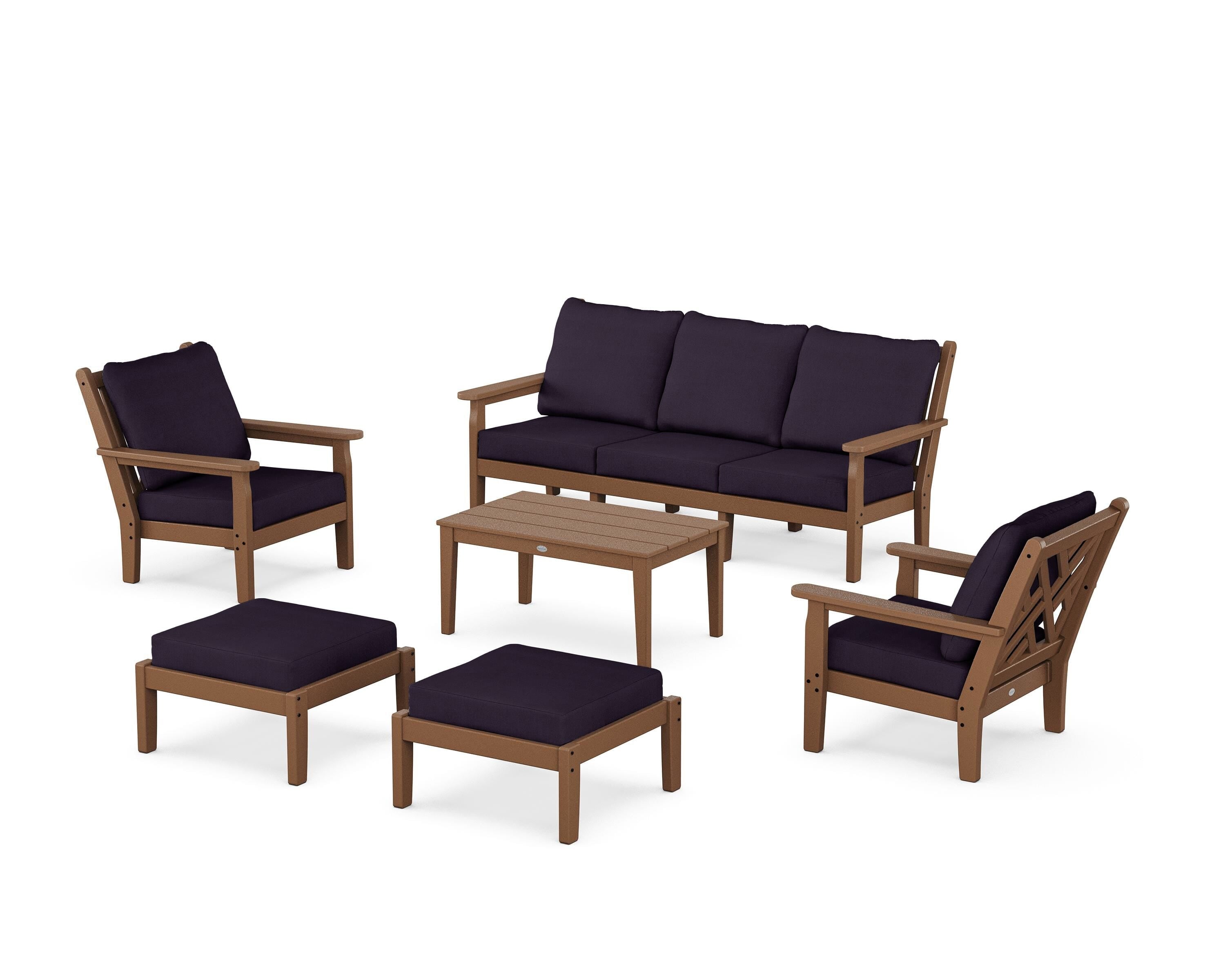 POLYWOOD® Chippendale 6-Piece Lounge Sofa Set in Teak / Navy Linen