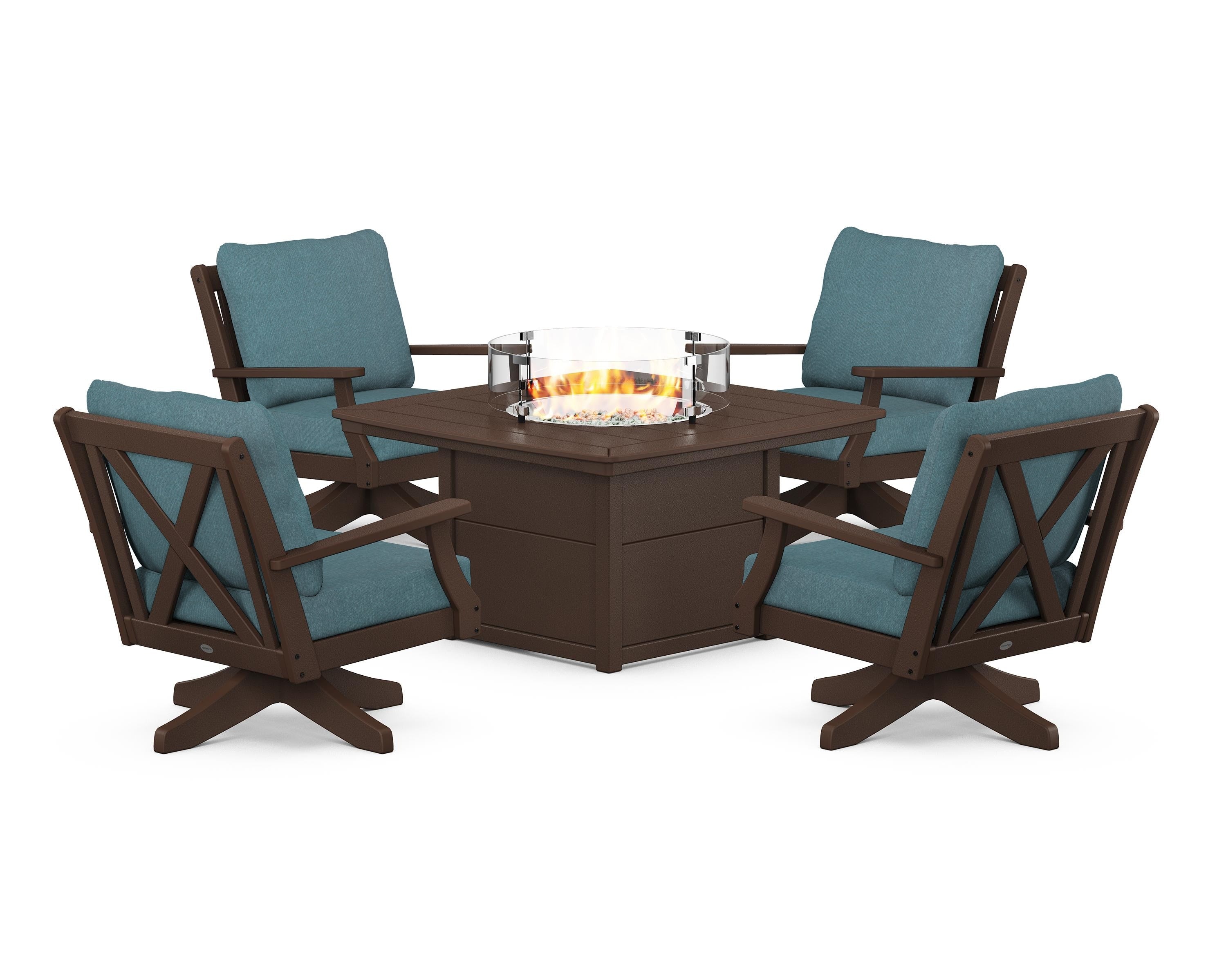 POLYWOOD® Braxton 5-Piece Deep Seating Swivel Conversation Set with Fire Pit Table in Mahogany / Ocean Teal