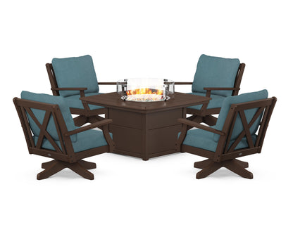 POLYWOOD® Braxton 5-Piece Deep Seating Swivel Conversation Set with Fire Pit Table in Mahogany / Ocean Teal