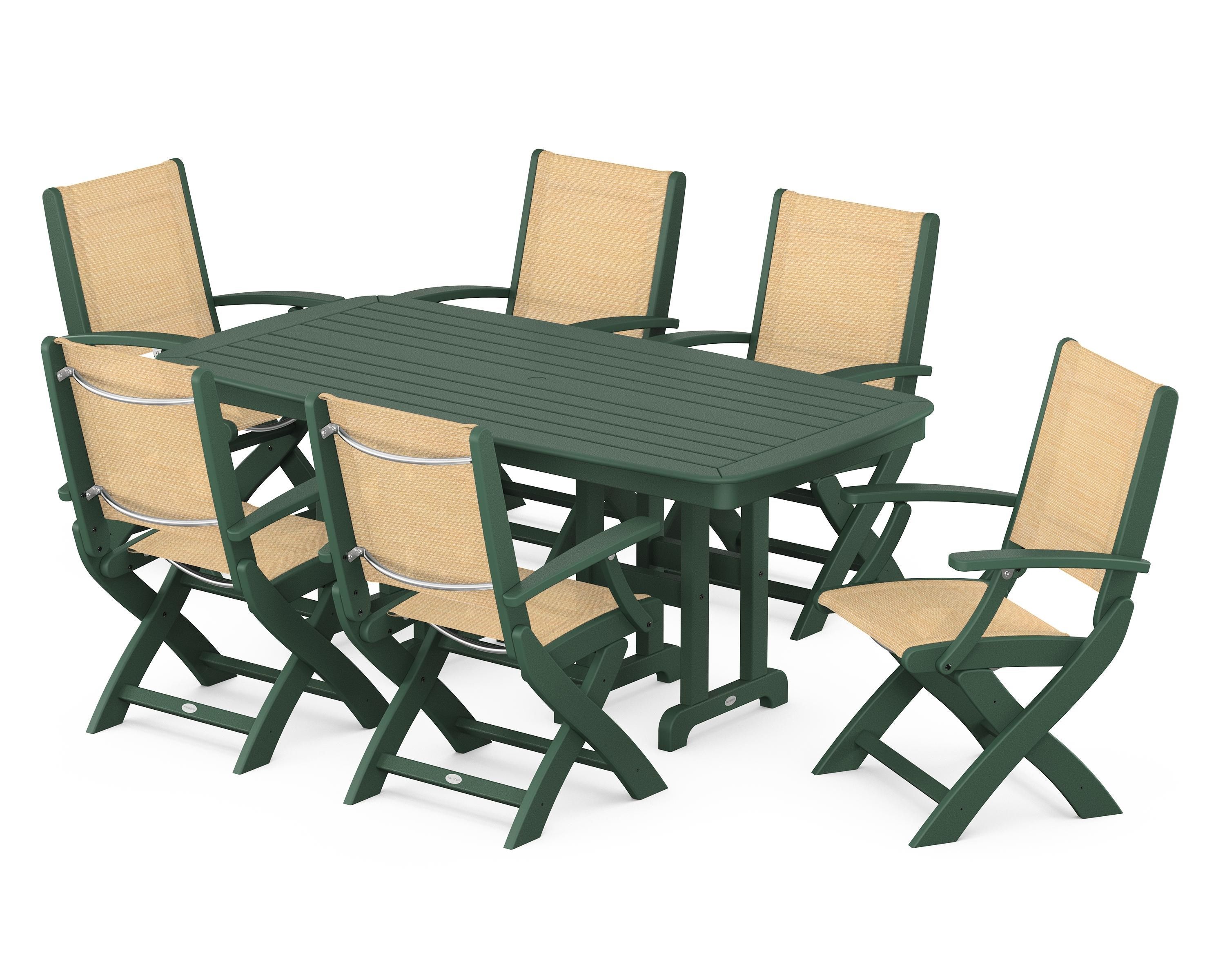POLYWOOD® Coastal Folding Arm Chair 7-Piece Dining Set in Green / Dupioni Apricot Sling