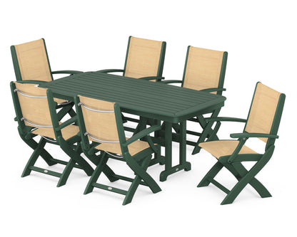 POLYWOOD® Coastal Folding Arm Chair 7-Piece Dining Set in Green / Dupioni Apricot Sling