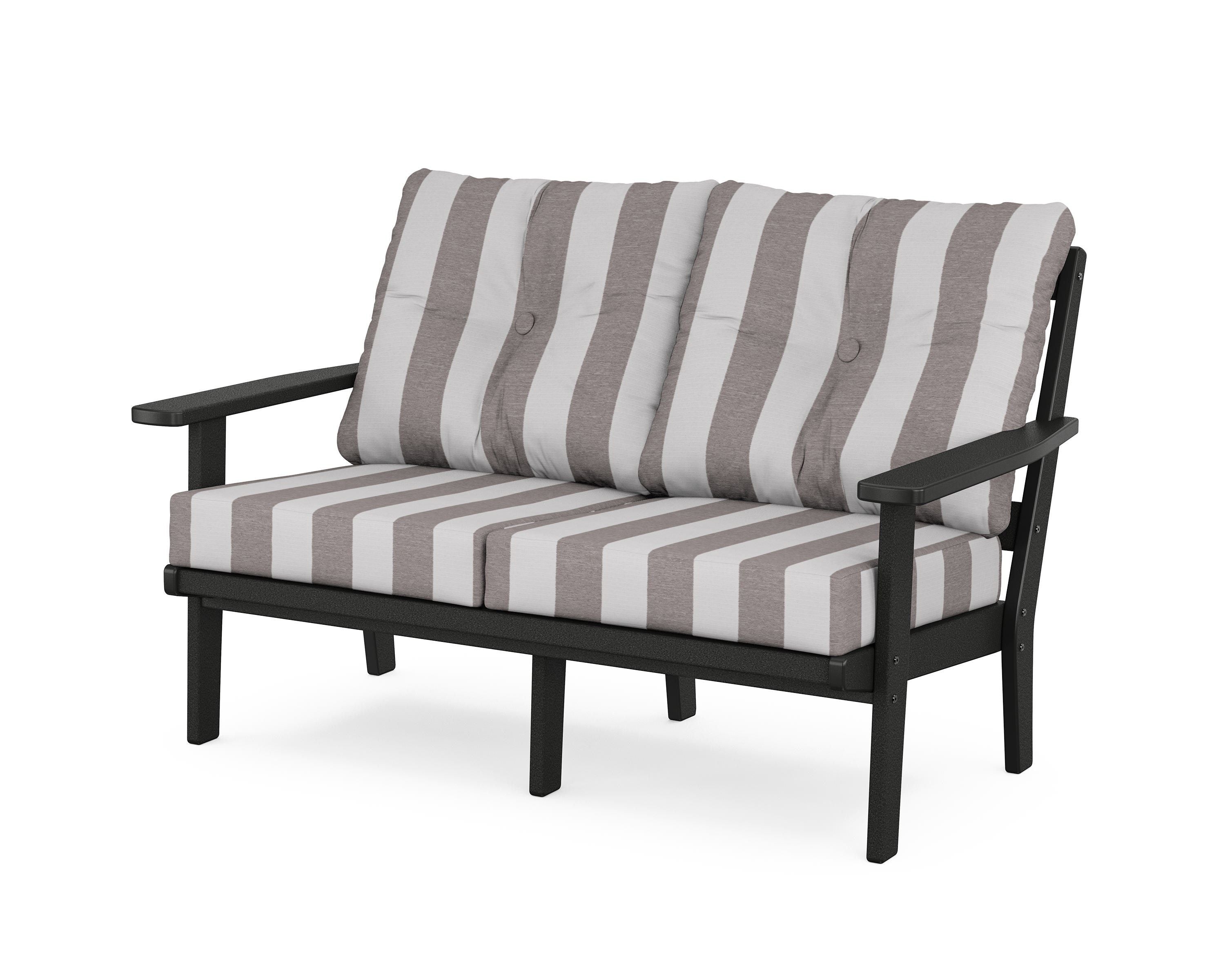 POLYWOOD® Oxford Deep Seating Loveseat in Black / Cabana Stripe Grey Mist