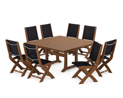POLYWOOD® Coastal Folding Side Chair 9-Piece Farmhouse Dining Set in Teak / Black Sling