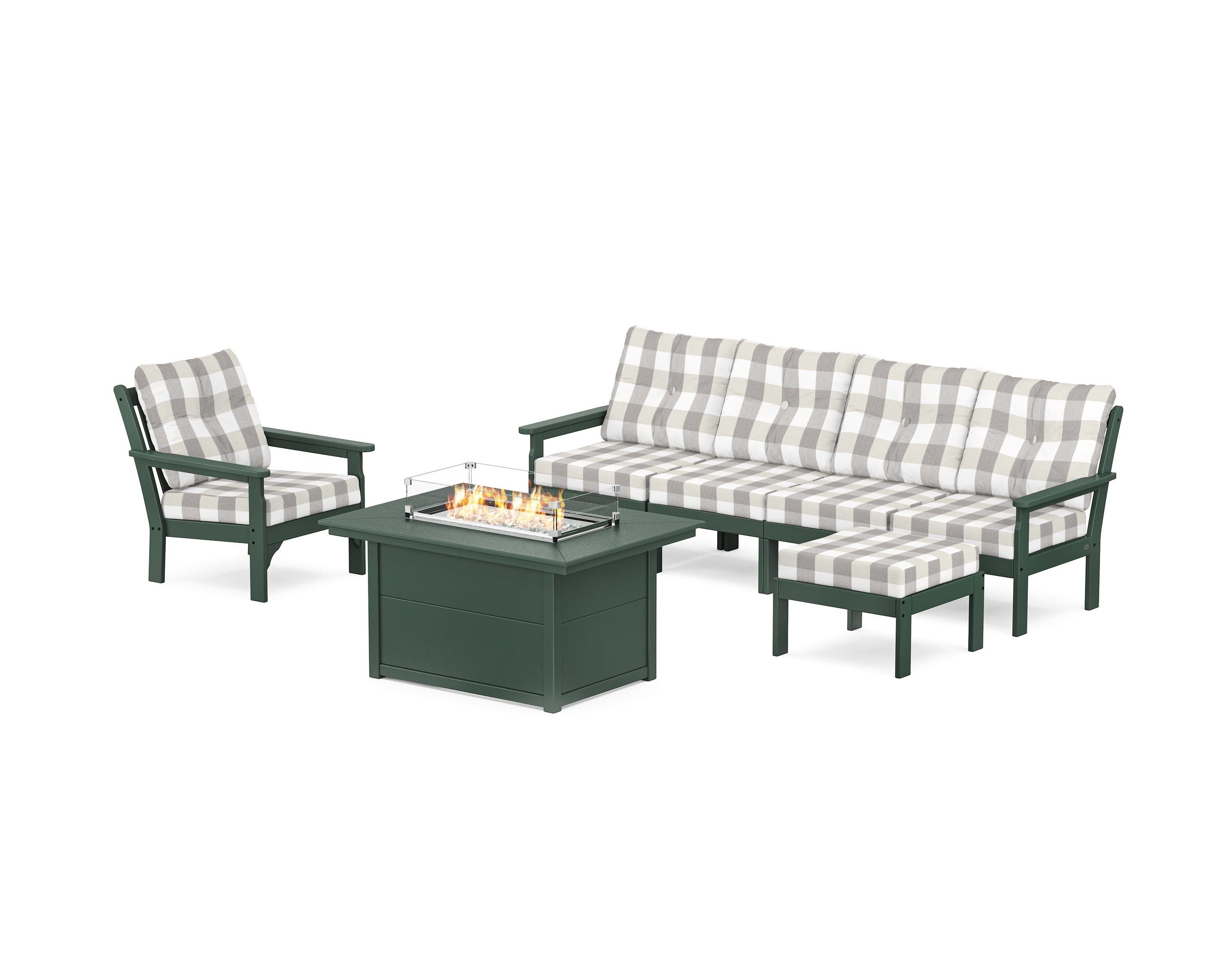 POLYWOOD® Vineyard Sectional Lounge and Fire Pit Set in Green / Buffalo Plaid Grey Mist