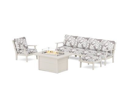 POLYWOOD® Braxton Sectional Lounge and Fire Pit Set in Sand / Leaf Grey Mist