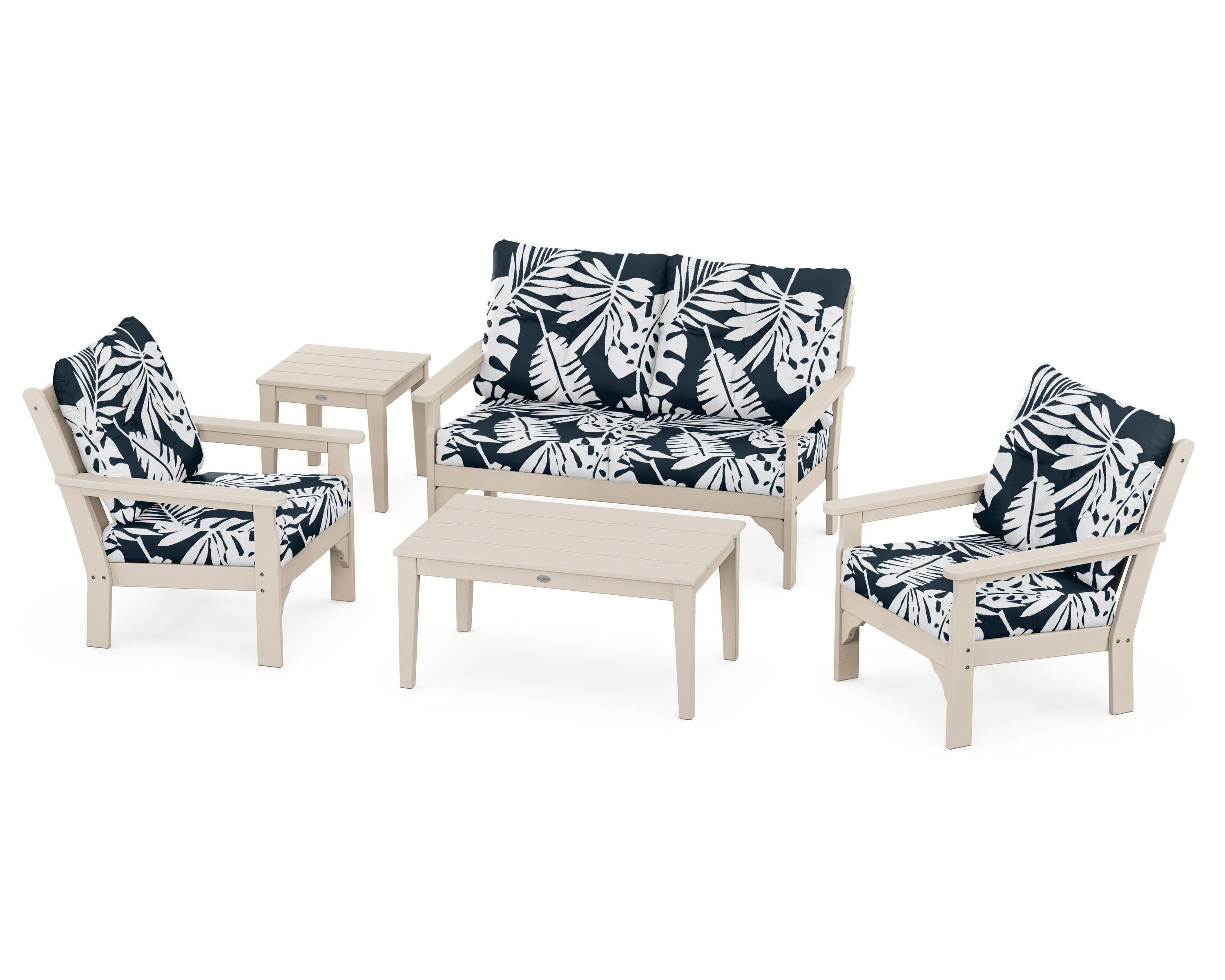 POLYWOOD® Vineyard 5-Piece Deep Seating Set in Sand / Leaf Marine Indigo
