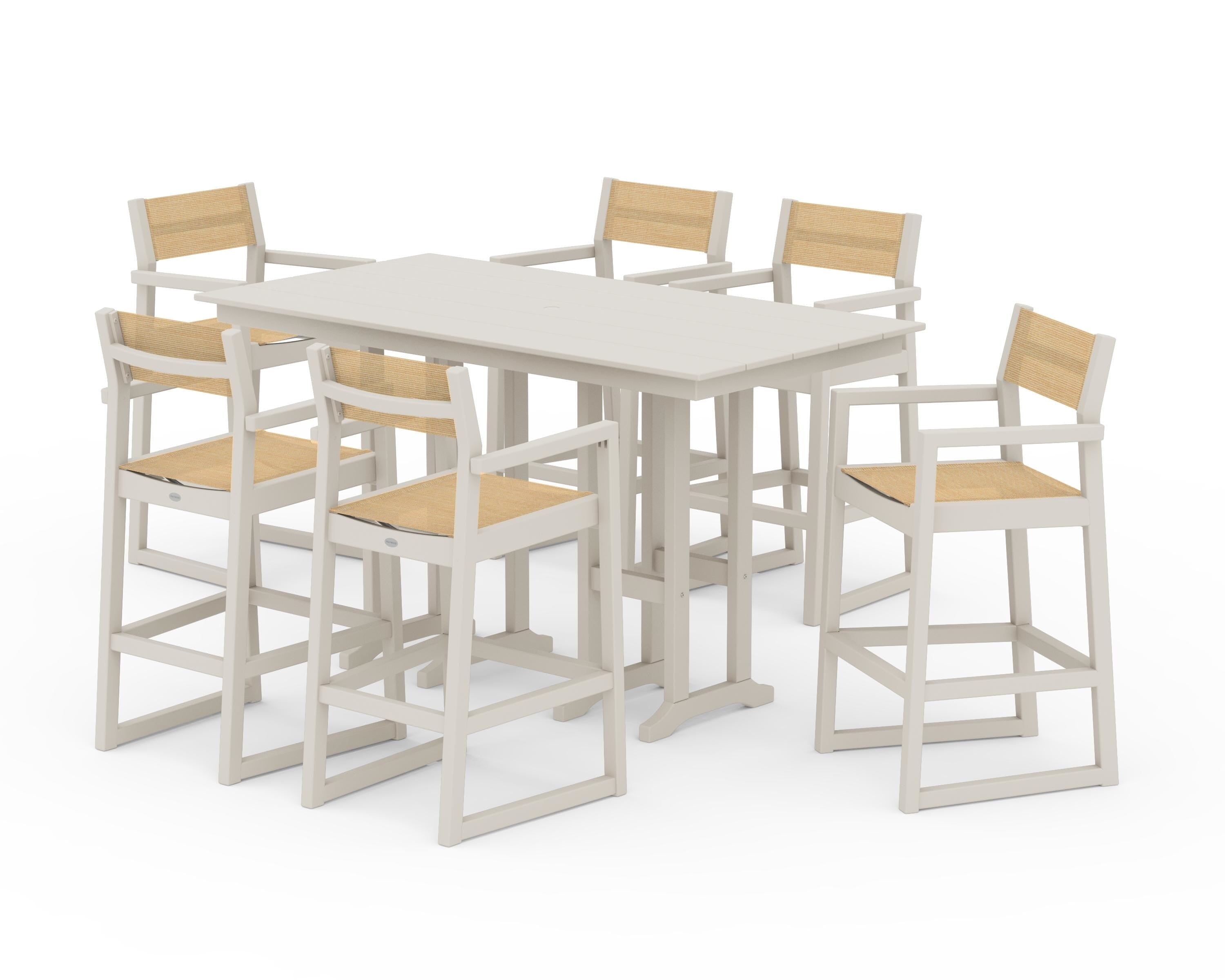POLYWOOD® EDGE Sling Arm Chair 7-Piece Farmhouse Bar Set in Sand / Dupioni Apricot Sling