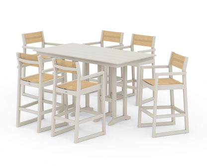 POLYWOOD® EDGE Sling Arm Chair 7-Piece Farmhouse Bar Set in Sand / Dupioni Apricot Sling