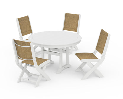POLYWOOD® Coastal Folding Side Chair 5-Piece Round Dining Set With Trestle Legs in White / Burlap Sling