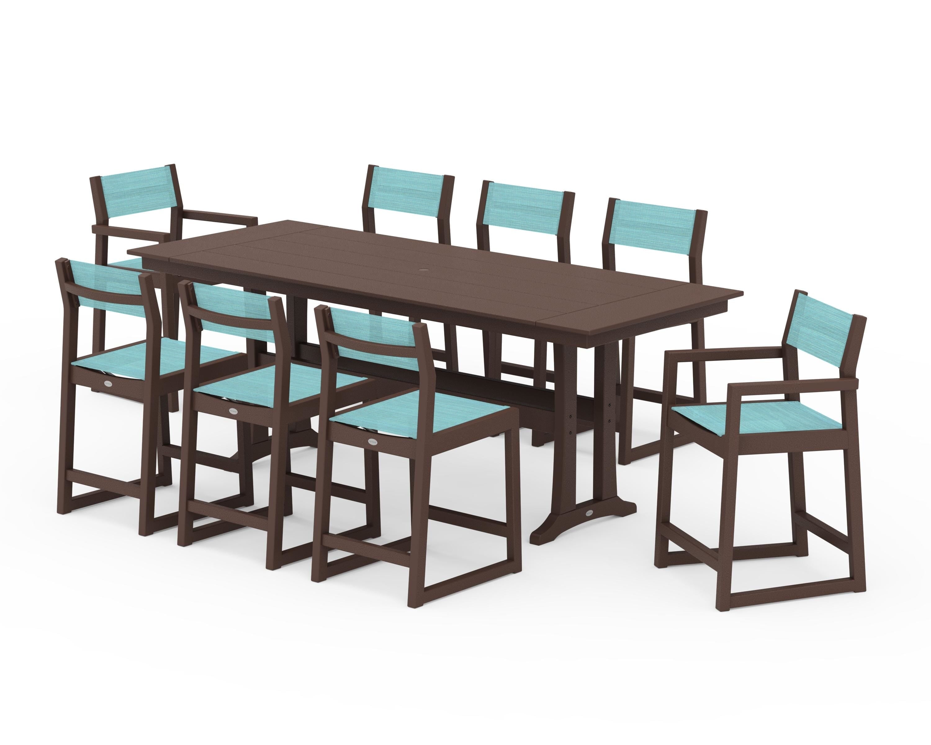 POLYWOOD® EDGE Sling 9-Piece Farmhouse Counter Set with Trestle Legs in Mahogany / Dupioni Aquamarine Sling