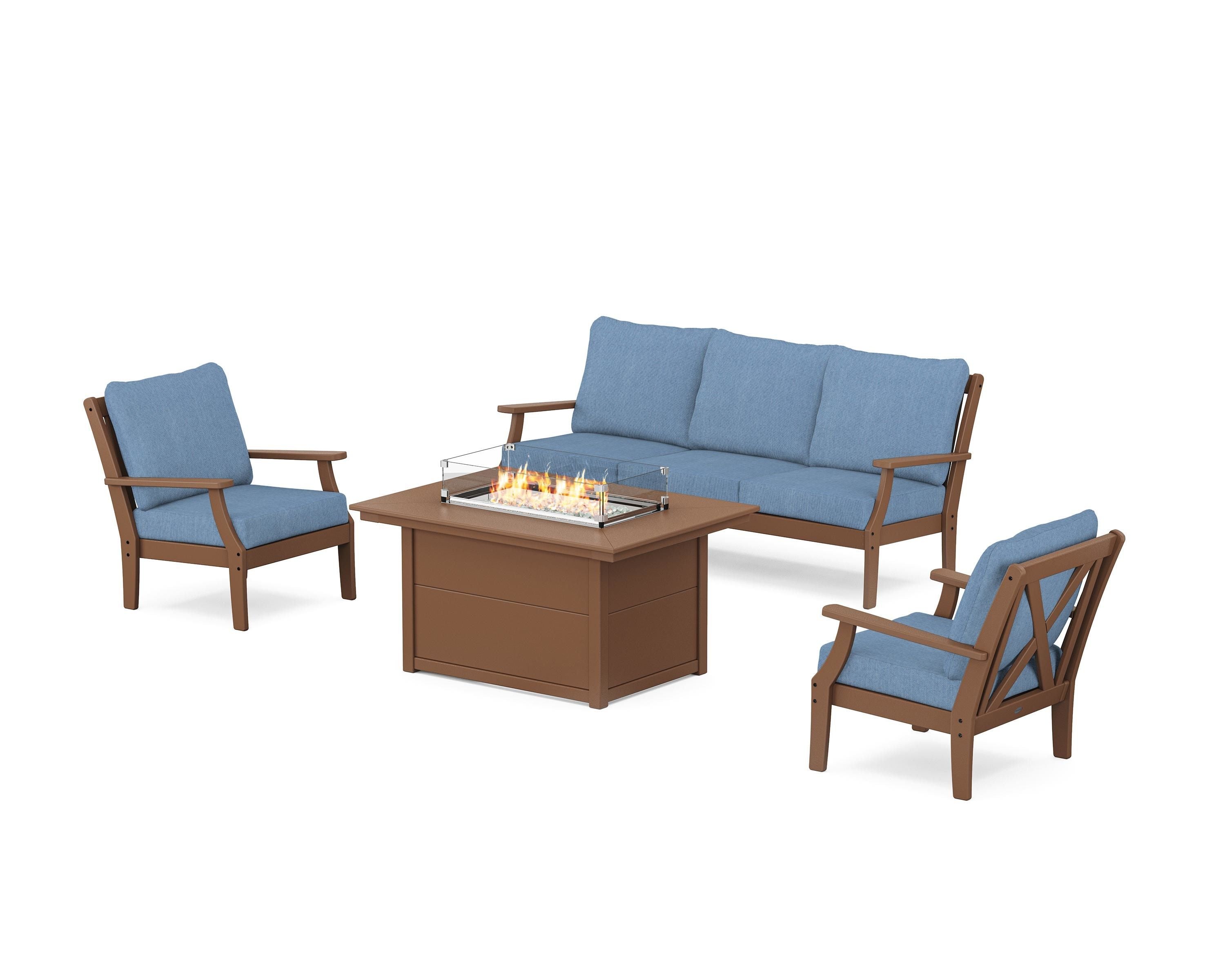 POLYWOOD® Braxton Deep Seating Fire Pit Table Set in Teak / Sky Blue