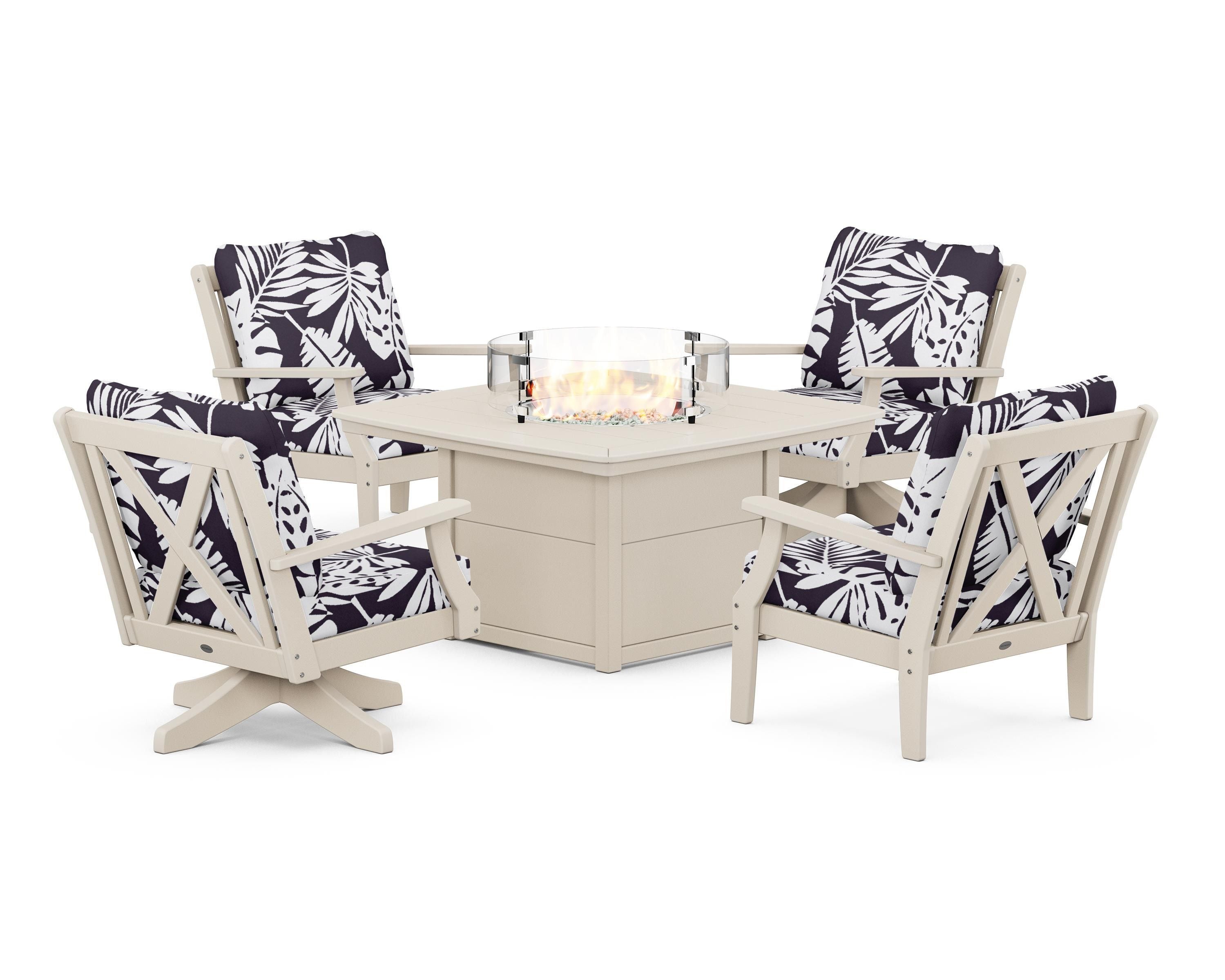 POLYWOOD® Braxton 5-Piece Deep Seating Set with Fire Table in Sand / Leaf Navy