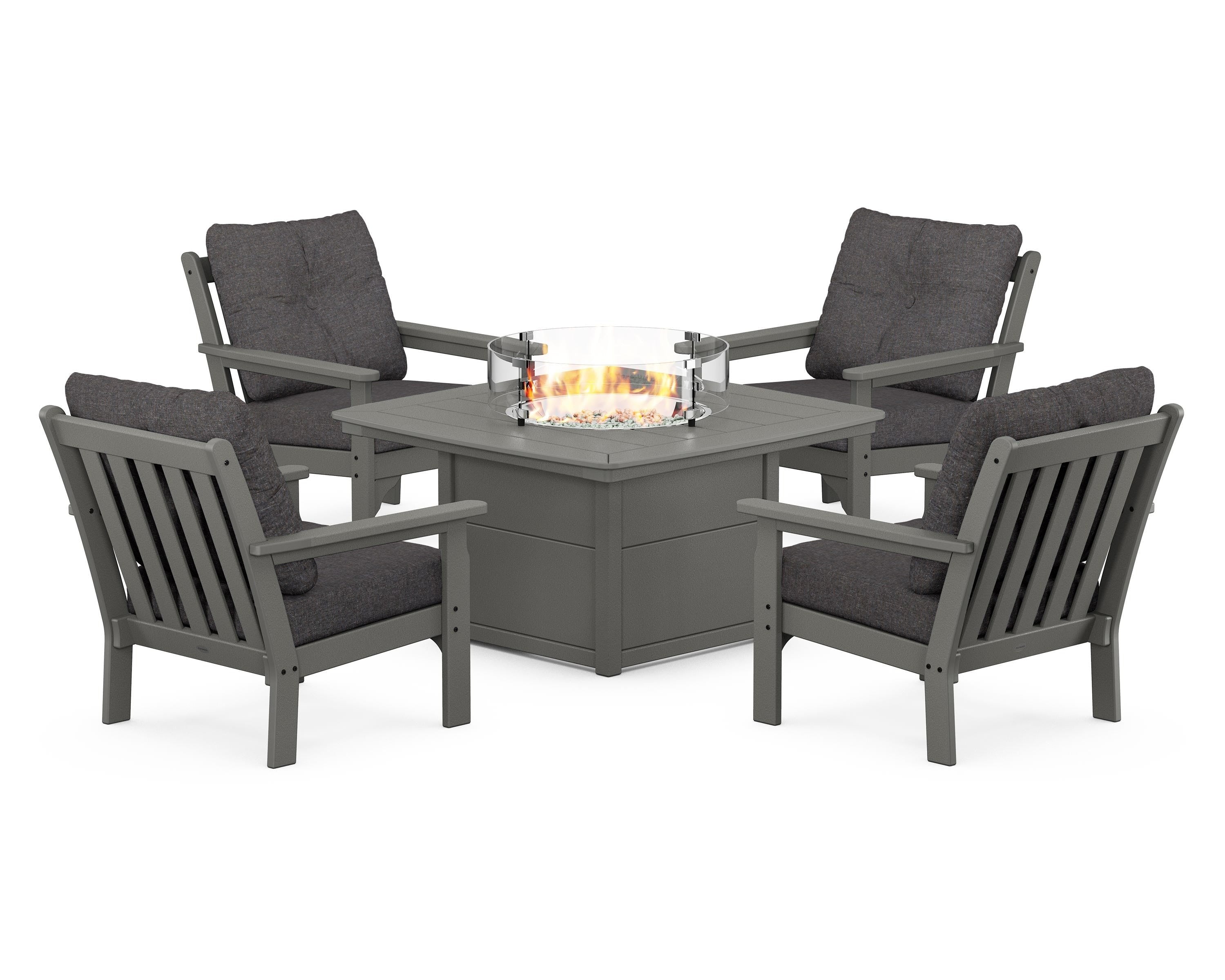 POLYWOOD® Vineyard 5-Piece Conversation Set with Fire Pit Table in Slate Grey / Ash Charcoal