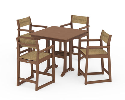 POLYWOOD® EDGE Sling Arm Chair 5-Piece Farmhouse Counter Set with Trestle Legs in Teak / Burlap Sling