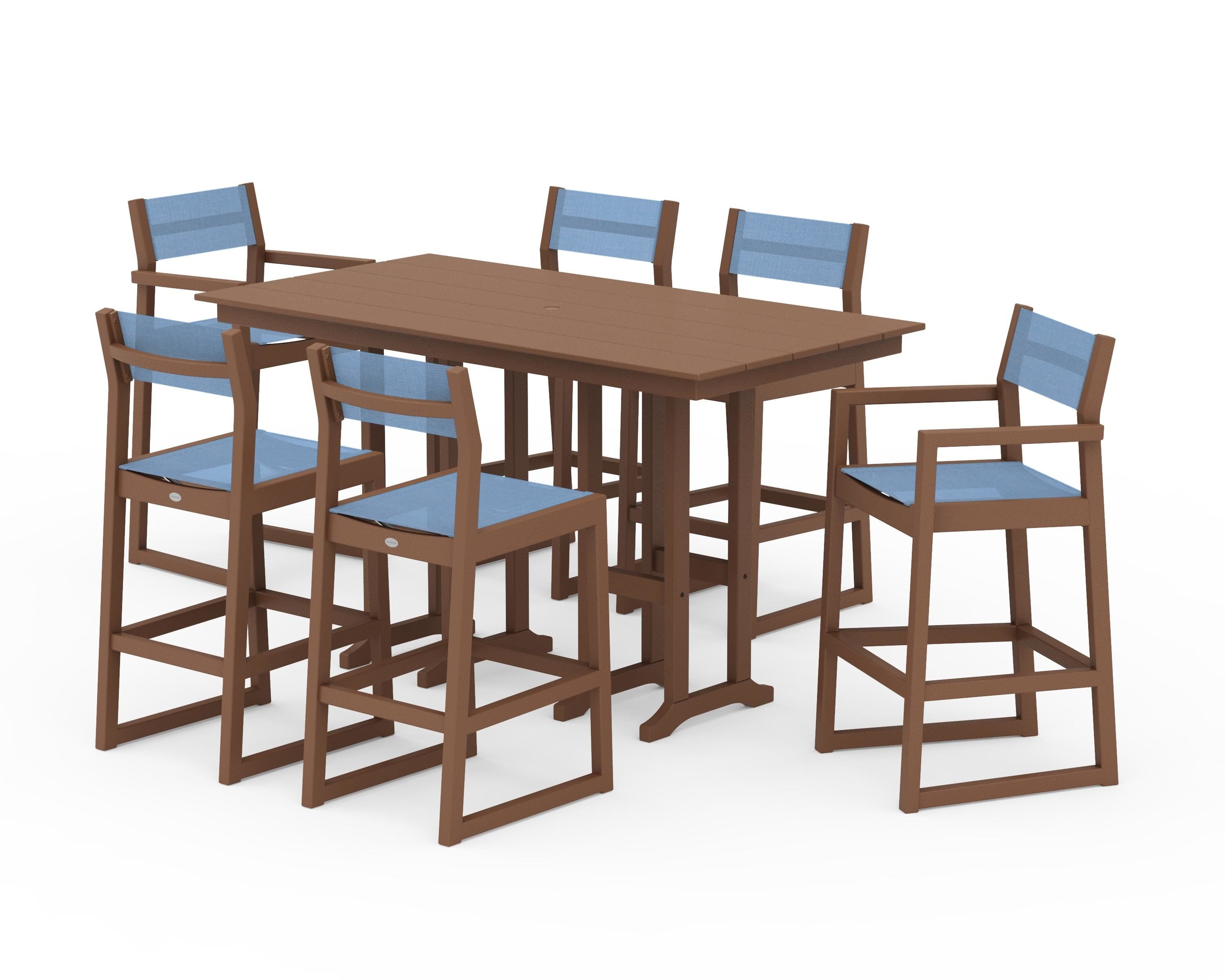 POLYWOOD® EDGE Sling 7-Piece Farmhouse Bar Set in Teak / Poolside Sling