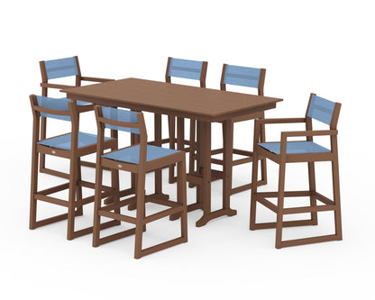 POLYWOOD® EDGE Sling 7-Piece Farmhouse Bar Set in Teak / Poolside Sling