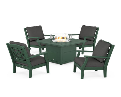 Martha Stewart by POLYWOOD® Chinoiserie 5-Piece Deep Seating Set with Fire Pit Table in Green / Spectrum Carbon