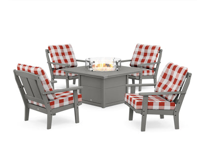 POLYWOOD® Mission 5-Piece Deep Seating Set with Fire Pit Table in Slate Grey / Buffalo Plaid Crimson