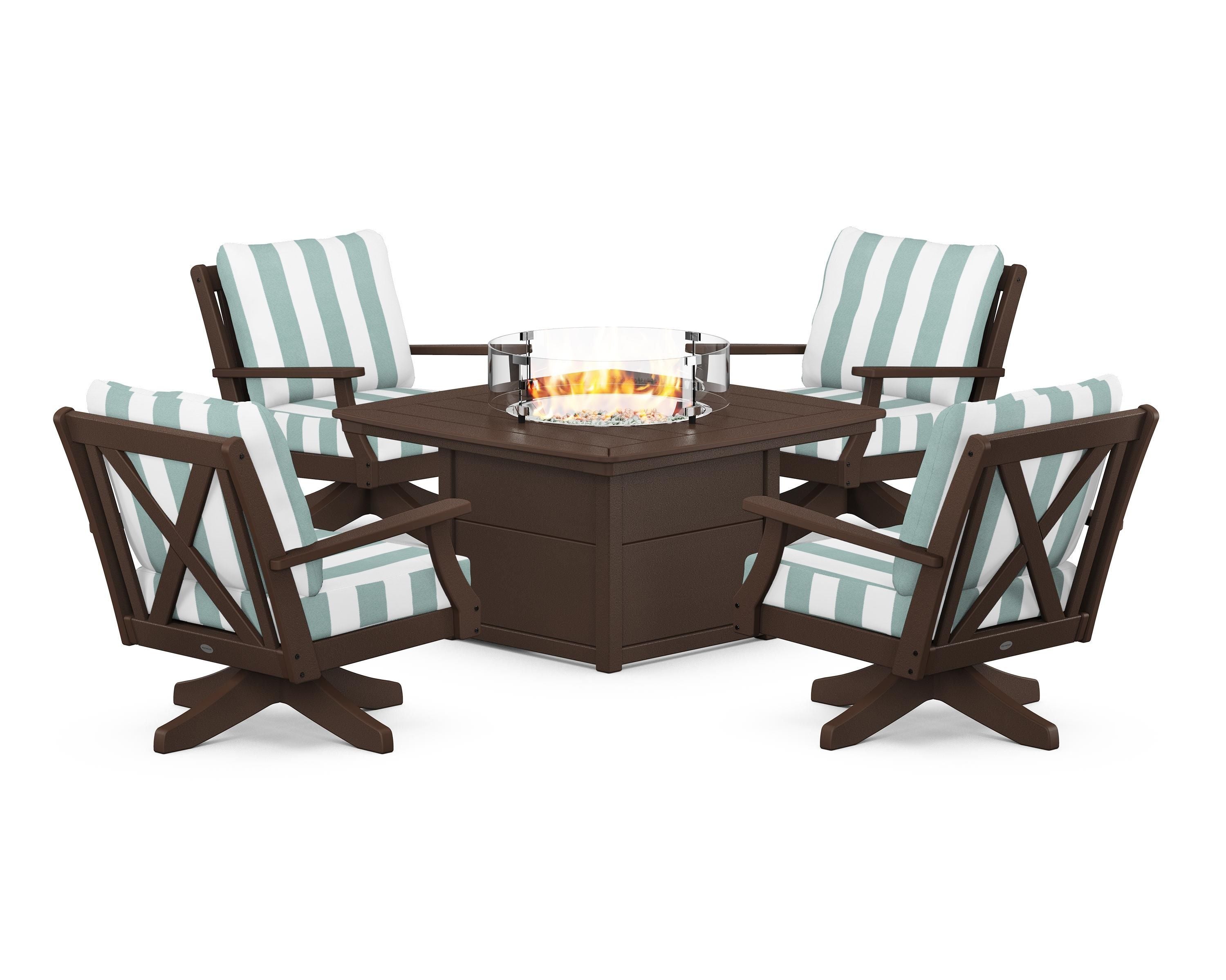 POLYWOOD® Braxton 5-Piece Deep Seating Swivel Conversation Set with Fire Pit Table in Mahogany / Cabana Stripe Glacier Spa