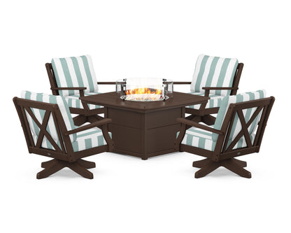 POLYWOOD® Braxton 5-Piece Deep Seating Swivel Conversation Set with Fire Pit Table in Mahogany / Cabana Stripe Glacier Spa
