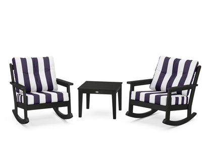 POLYWOOD® Vineyard 3-Piece Deep Seating Rocker Set in Black / Cabana Stripe Navy