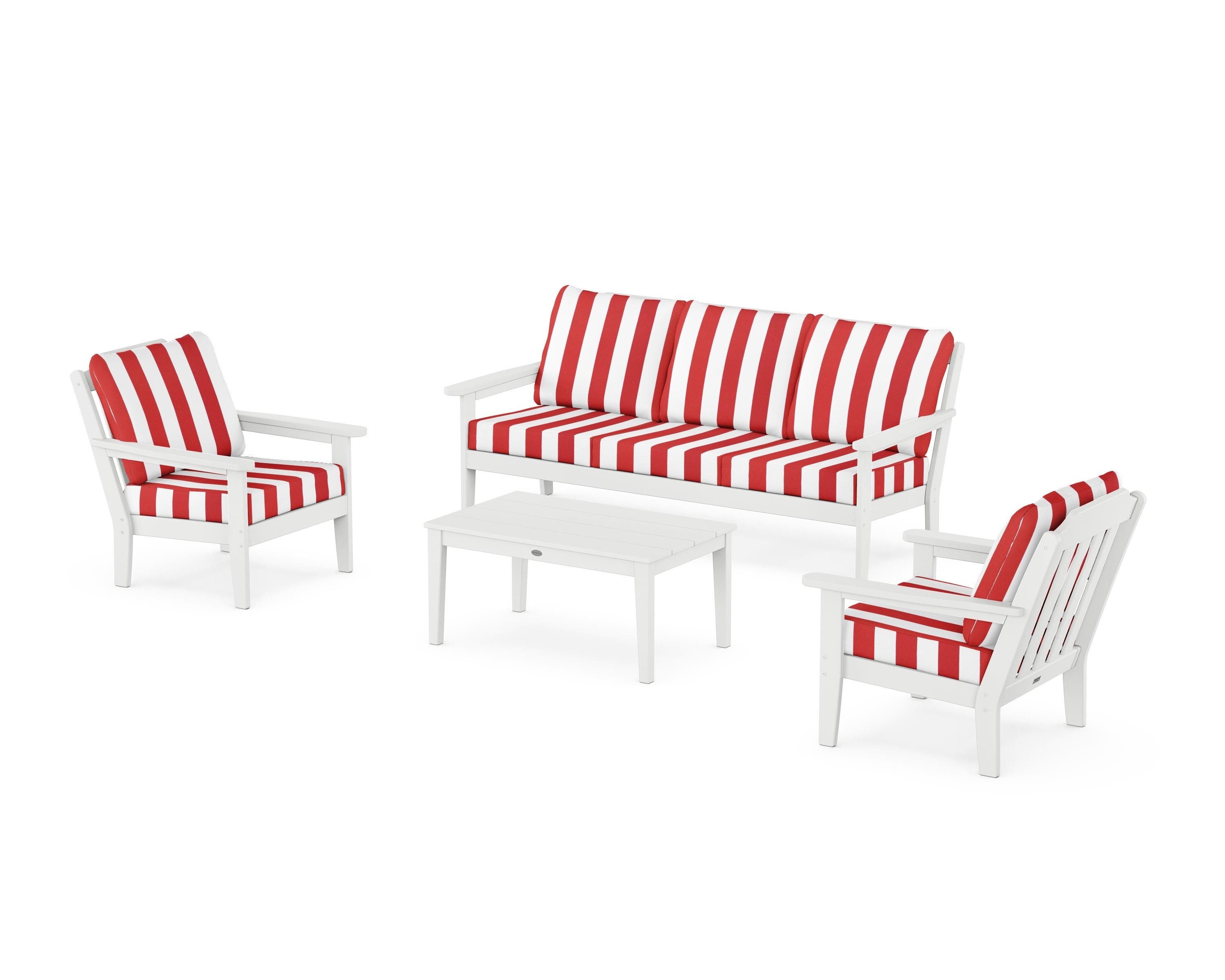 Country Living Cottage 4-Piece Deep Seating Set with Sofa in White / Cabana Stripe Crimson