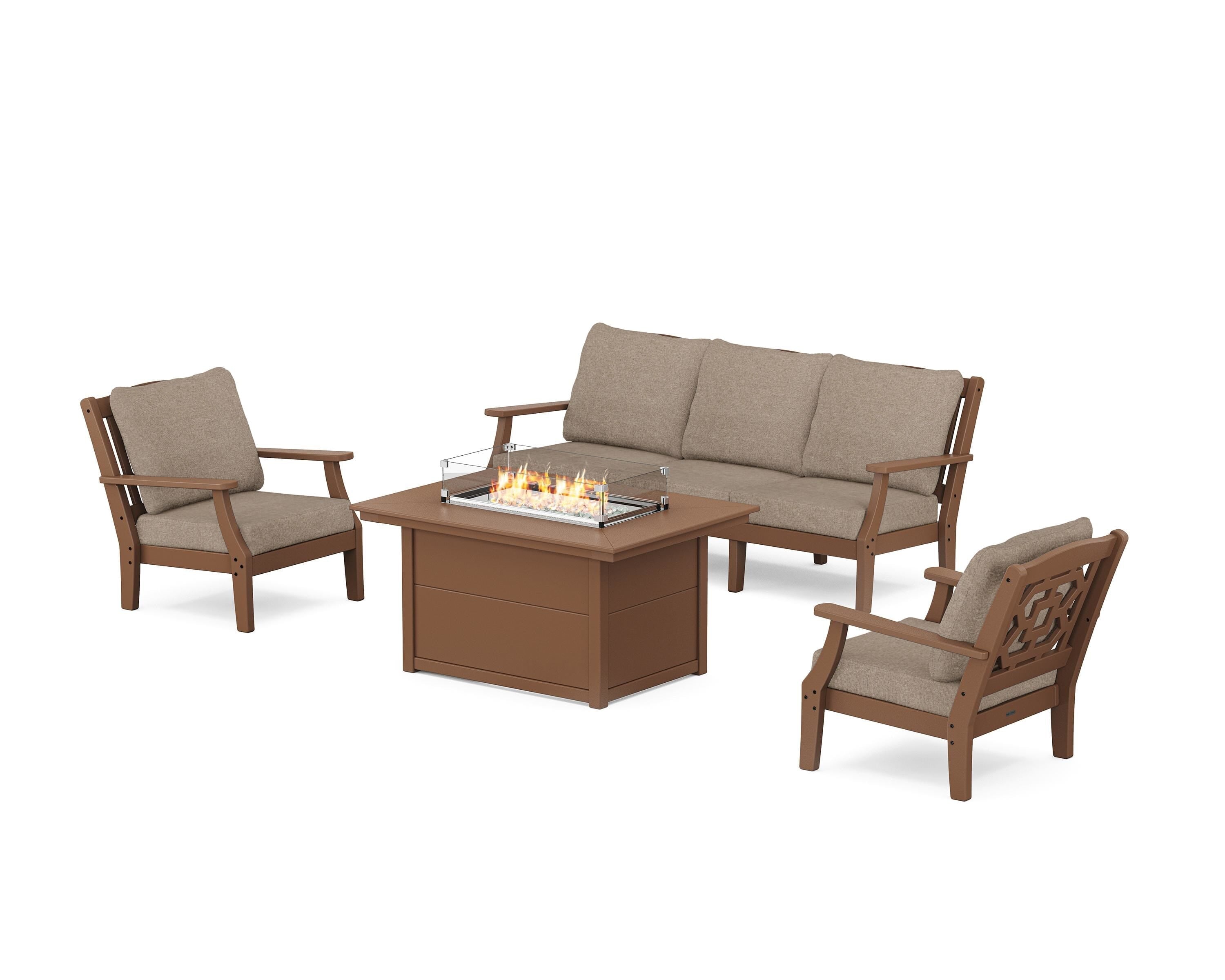 Martha Stewart by POLYWOOD® Chinoiserie Deep Seating Fire Pit Table Set in Teak / Spiced Burlap
