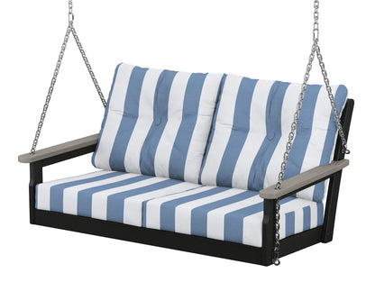 POLYWOOD® Vineyard Deep Seating Swing in Black / Driftwood / Cabana Stripe Sky Blue